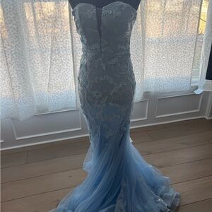 Light Blue-  Elegant Blue Strapless Evening Gown